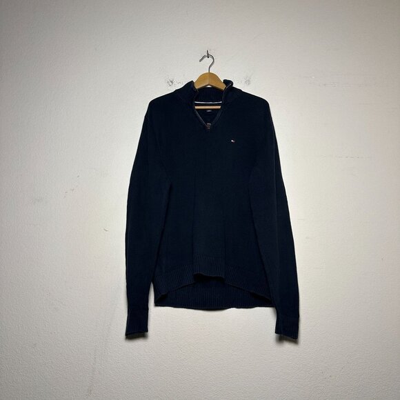 Tommy Hilfiger Black 1/4 Zip Up Prep Sweater Men M VTG Retro Casual Pullover - Picture 1 of 11